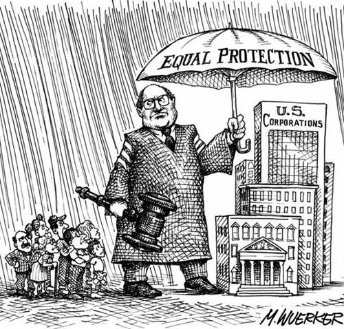 14th amendment cartoon showing shelter for companies but not individuals